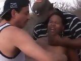 Threesome BDSM action with nasty ebony whore